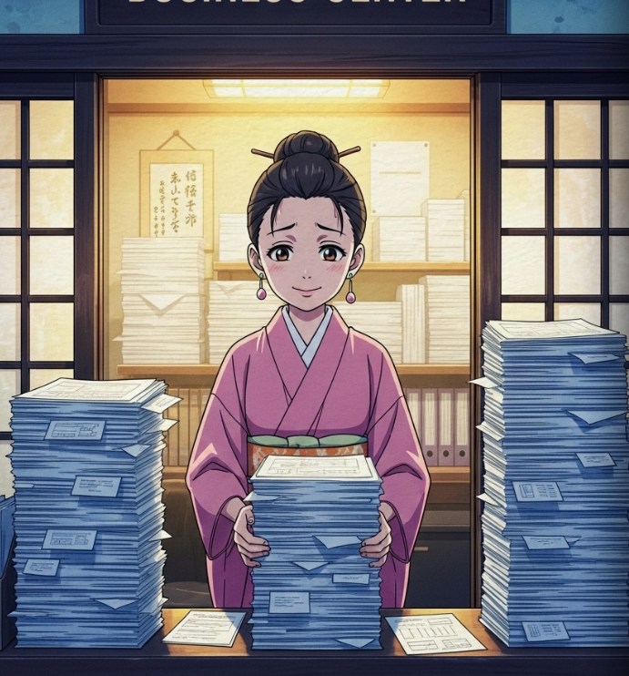 Shane-nah with a pile of paperwork